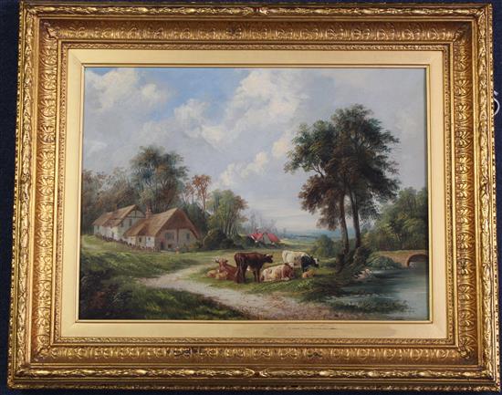 Victorian School Landscape with cattle beside a pond, 11.5 x 15.5in.